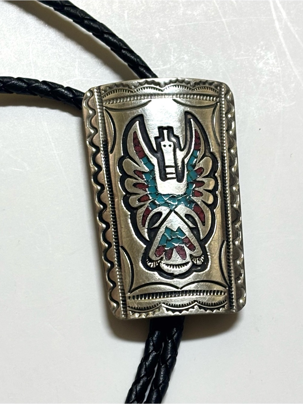 Vintage Southwestern Silver Turquoise Coral Inlay Thunderbird Bolo Tie